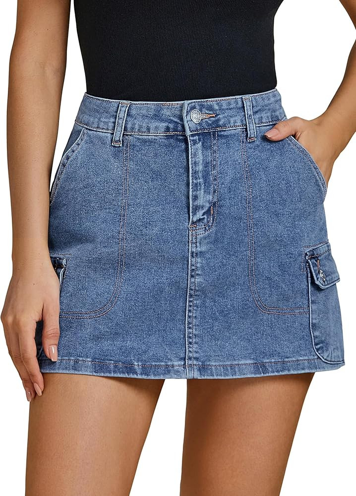 luvamia Jean Skirts for Women Denim Trendy High Waisted Mini Cargo Pockets Stretchy Short Skirt C... | Amazon (US)