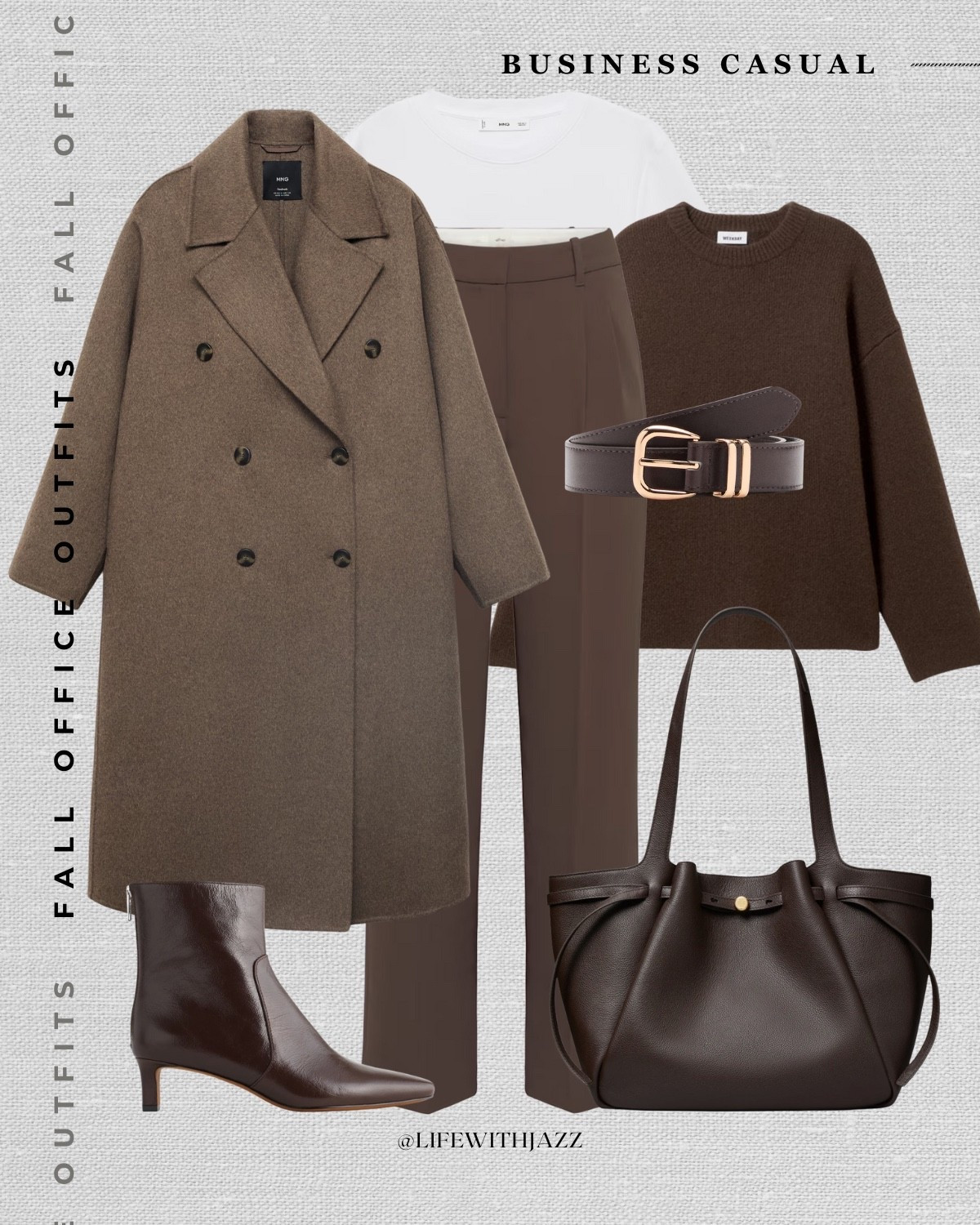 fall office outfit

oversized wool coat / brown cashmere sweater / brown tailored trousers / kitten heel boots / tory burch tote bag / work tote / monochrome outfit/ business casual / workwear 

 

#LTKSeasonal #LTKStyleTip #LTKWorkwear