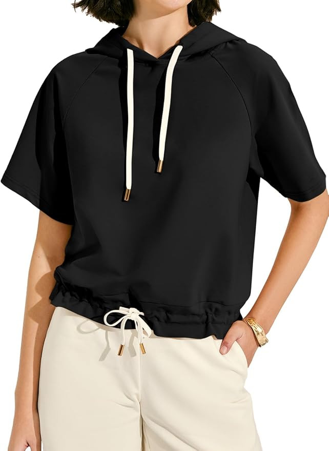 MIHOLL Womens Summer Hoodies Short Sleeve Casual Sweatshirts Workout Drawstring Pullover Tops | Amazon (US)