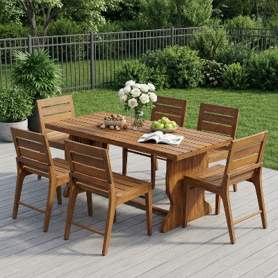 Christopher Knight Home Lorenzo Modern 7 Piece Acacia Wood Dining Table Set with Slatted Design and Fishtail-Shaped Legs, Teak | Target