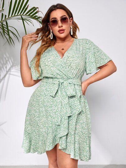 Plus Ditsy Floral Butterfly Sleeve Wrap Hem Belted Dress | SHEIN