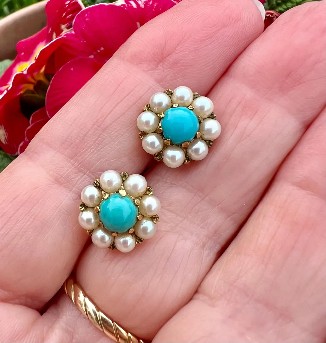 Vintage Turquoise Pearl Daisy Cluster Stud Earrings 9 Carat Gold - Etsy UK | Etsy (Global)