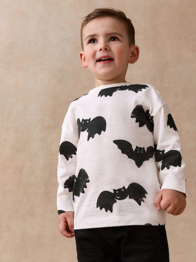 White/Black Halloween Bat All Over Print Long Sleeve Back Graphic T-Shirt (3mths-7yrs) | Next US