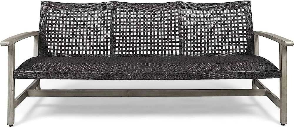 Great Deal Furniture Marcia Outdoor Wood and Wicker Sofa, Light Gray Finish with Mix Black Wicker | Amazon (US)