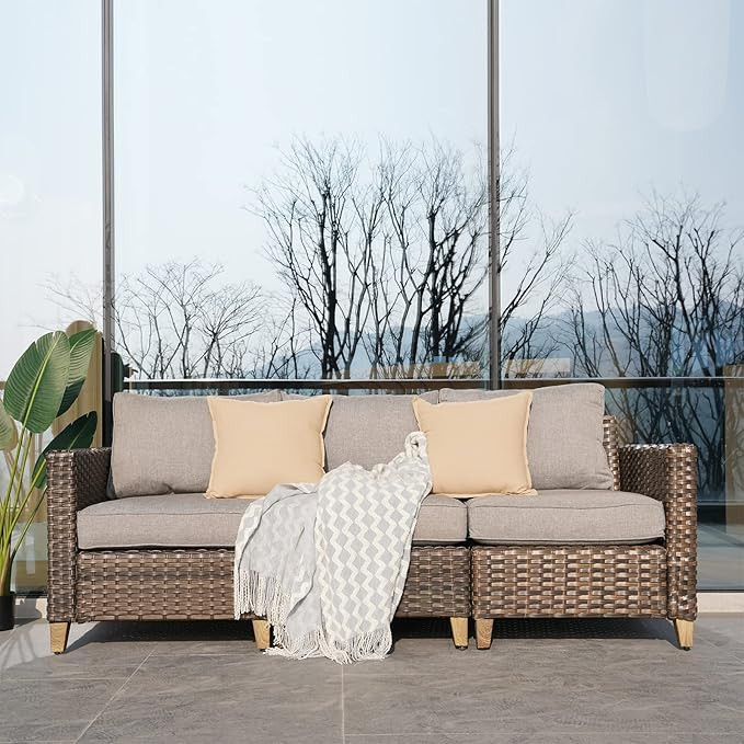 Grand Patio Outdoor Rattan Couch Sofa w/Cushions, Brown Sofa Set for Three, All Weather Hand Wove... | Amazon (US)