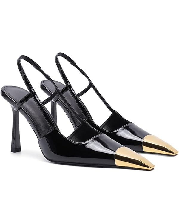 THESHY Womens Slingback High Heels Metal Pointed Toe Leather High Stiletto Heel Pumps Slip on Ela... | Amazon (US)