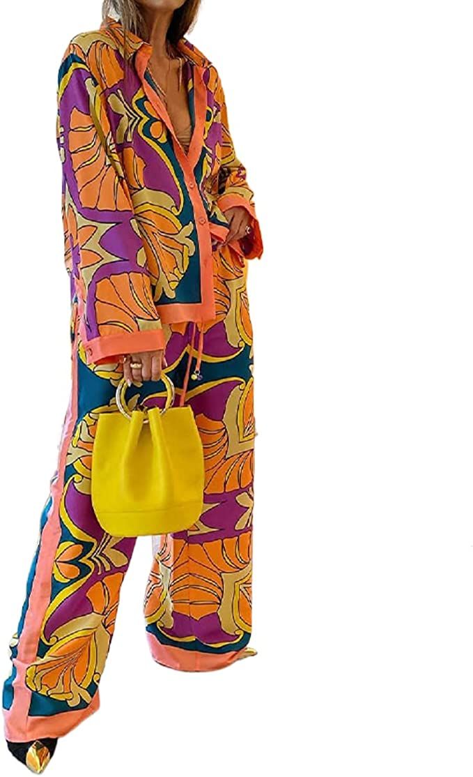 Women Y2K 2 Piece Floral Pants Set Long Sleeve Button Down Shirt Wide Leg Palazzo Pants Outfits M... | Amazon (US)