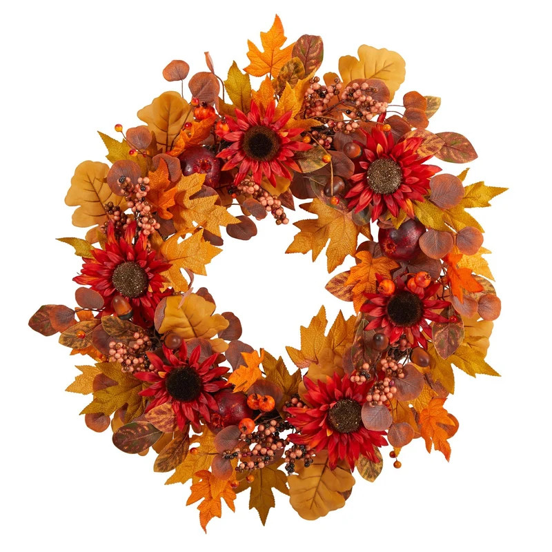 30\u201d Fall Acorn, Sunflower, Berries and Autumn Foliage Artificial Wreat | Plow & Hearth