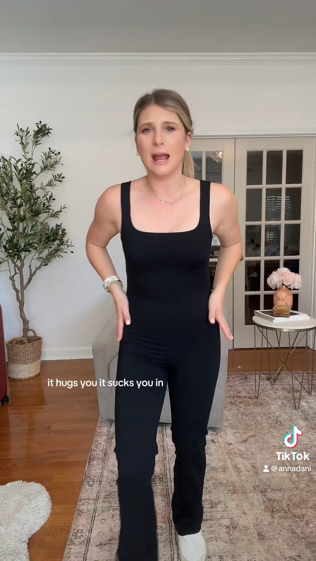 Spanx jumpsuit black jumpsuit best jumpsuit because you can go to the bathroom in it! 
Spanx discount code: annadanixspanx for 10% off spanx 
Square neck jumpsuit that sucks you in
Perfect travel outfit for the holidays 

#LTKVideo #LTKstyletip #LTKtravel
