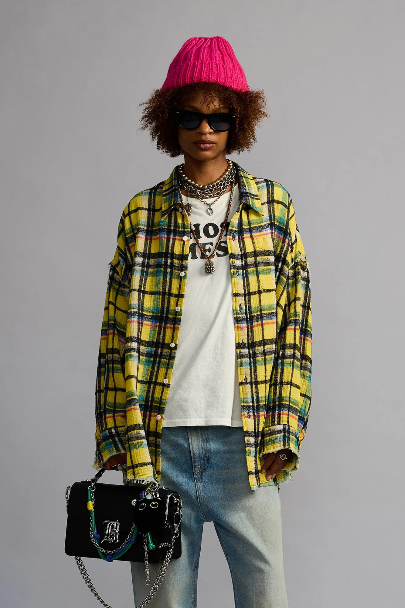 R13 Shredded Seam Drop Neck Shirt - Yellow And Black Plaid / XXS | R13