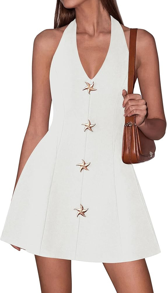 PRETTYGARDEN Summer Cocktail Dresses for Women Short 2026 Spring Halter V Neck Beach Party Backle... | Amazon (US)