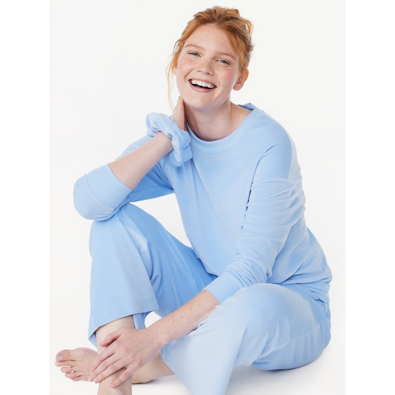Joyspun Women's Ribbed Velour Top and Pants Pajama Set with Oversized Scrunchie, 3-Piece, Sizes S... | Walmart (US)