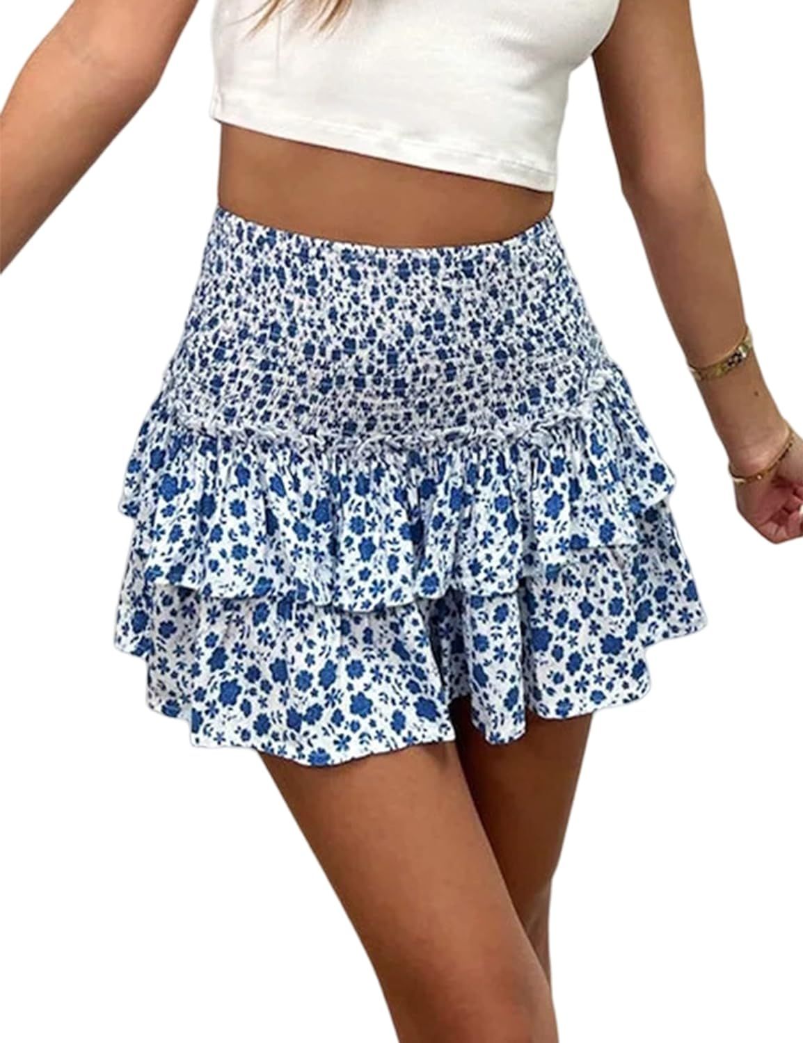 SAFRISIOR Women’s Summer High Waist Floral Layered Ruffle Hem Boho Mini Skirt Smocked A Line Pl... | Amazon (US)