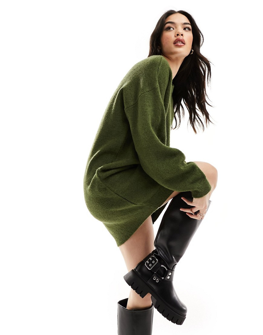 ASOS DESIGN knitted sweater mini dress with crew neck in khaki-Green | ASOS (Global)