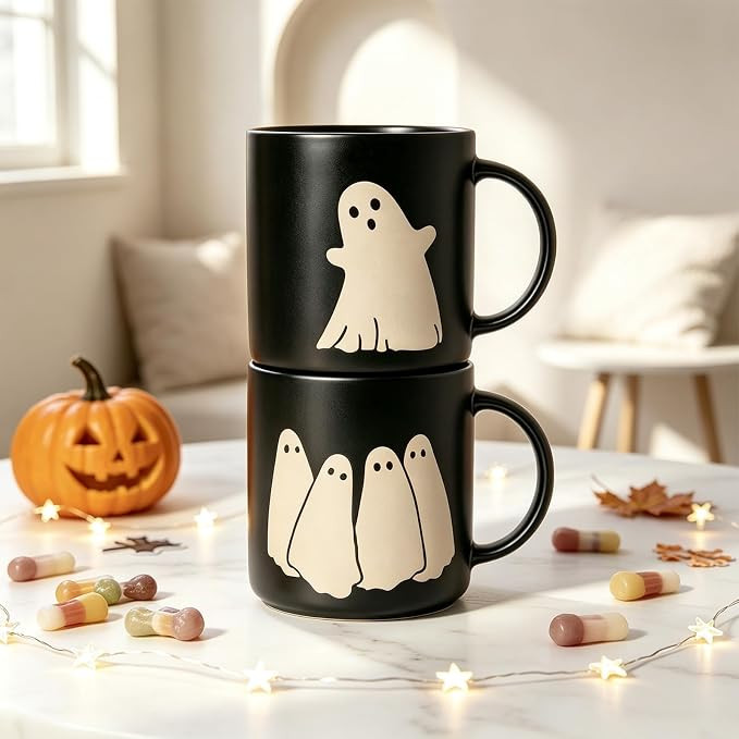 14oz Matte Black Ghost Ceramic Coffee Mugs Set of 2, Halloween | Amazon (US)