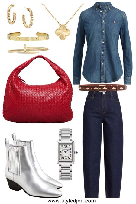 Fall outfit idea - silver metallic boots, barrel leg jeans, Ralph Lauren denim button down, western belt

#LTKfindsunder100 #LTKstyletip #LTKSeasonal