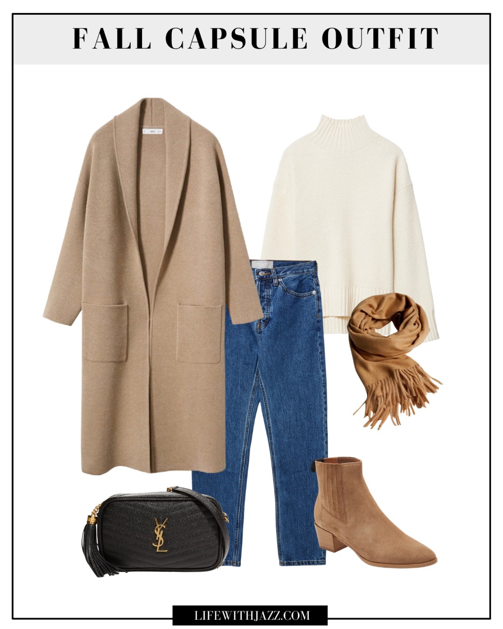 Fall capsule inspo - sale on coat and scarf! 30% off $200+ at Mango! 

Tan neutral coat / turtleneck sweater / cotton jeans / fringed scarf / camel booties / mini YSL black bag 

#LTKSeasonal #LTKsalealert #LTKunder100