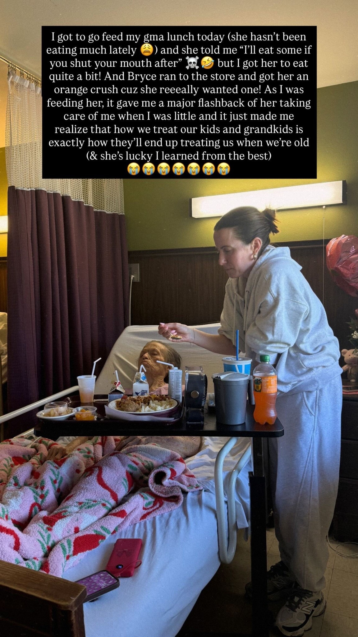 I got to go feed my gma lunch today (she hasn’t been eating much lately 😩) and she told me “I’ll eat some if you shut your mouth after” ☠️🤣 but I got her to eat quite a bit! And Bryce ran to the store and got her an orange crush cuz she reeeally wanted one! As I was feeding her, it gave me a major flashback of her taking care of me when I was little and it just made me realize that how we treat our kids and grandkids is exactly how they’ll end up treating us when we’re old (& she’s lucky I learned from the best) 
😭😭😭😭😭😭😭