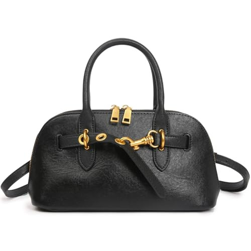 Mewpurrs Small Genuine Leather Satchel for Women, Structured Dome Top Handle Crossbody Purse with Zipper Closure for Work Travel Everyday, Black | Amazon (US)