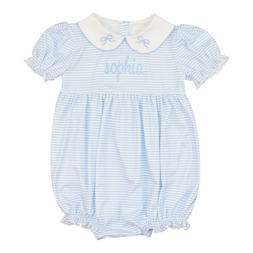 Blue Striped Knit Embroidered Bow Bubble | Cecil and Lou