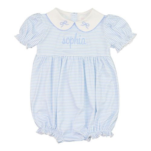 Blue Striped Knit Embroidered Bow Bubble | Cecil and Lou