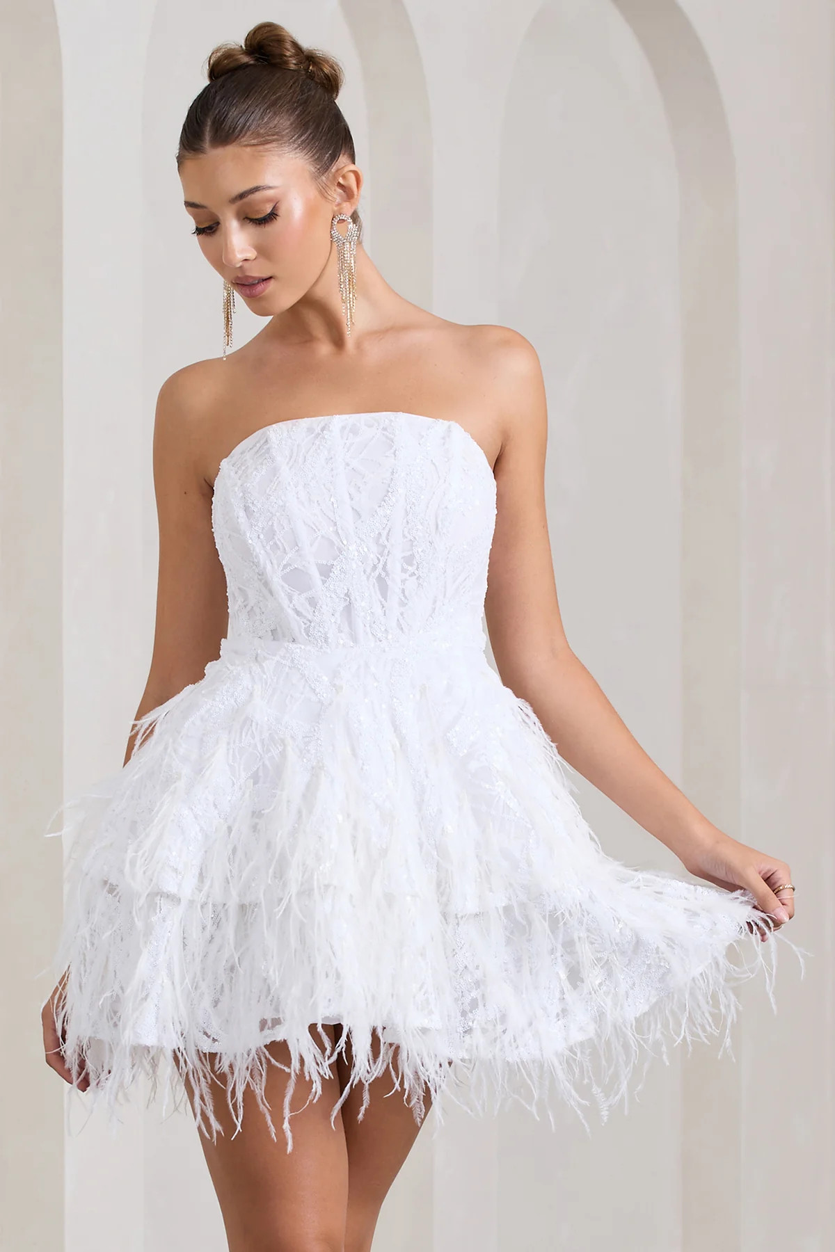 Little Wish | White Sequin Lace Strapless Mini Dress With Feathers | Club L London