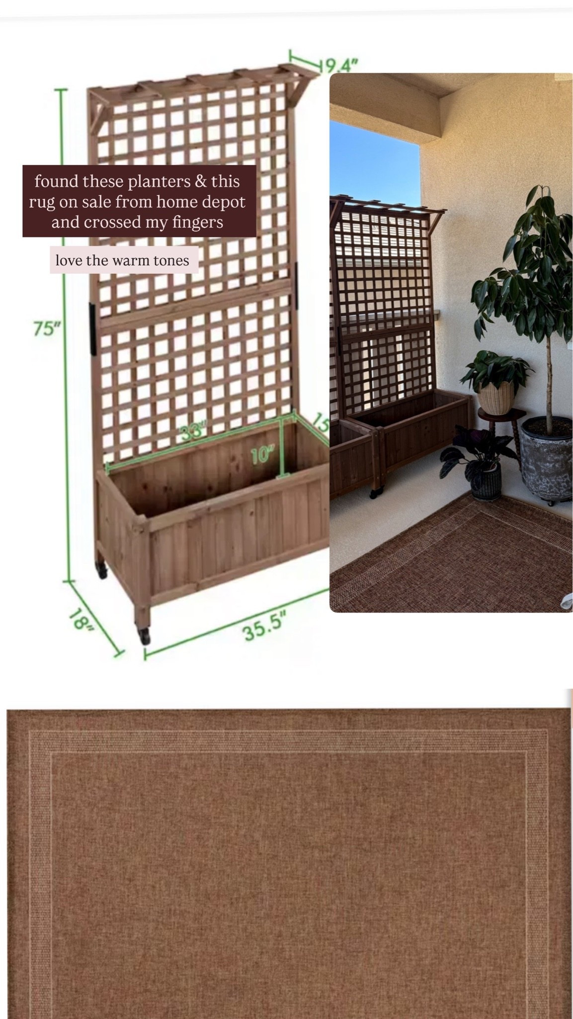 planter boxes with trellis and outdoor rug for my cozy patio

#LTKSeasonal #LTKOver40 #LTKHome