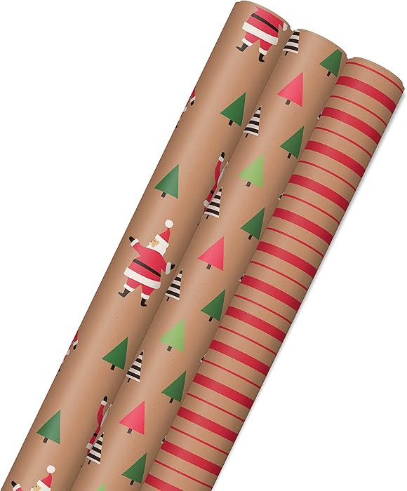 Hallmark Christmas Wrapping Paper Rolls, Brown Kraft Holiday Gift Wrap (Pack of 3: 90 sq. ft. ttl... | Amazon (US)