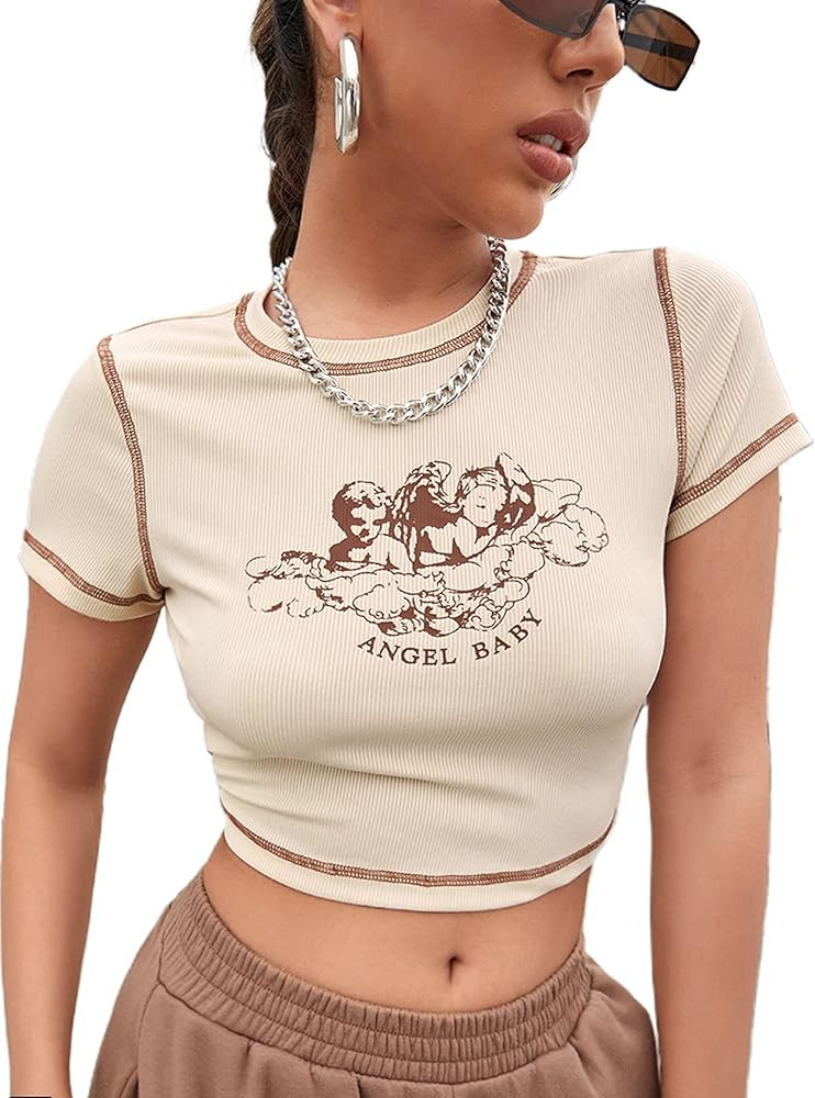 Remidoo Women's Casual Short Sleeve Angel Print Rib Knit Crop Top T-Shirt | Amazon (US)
