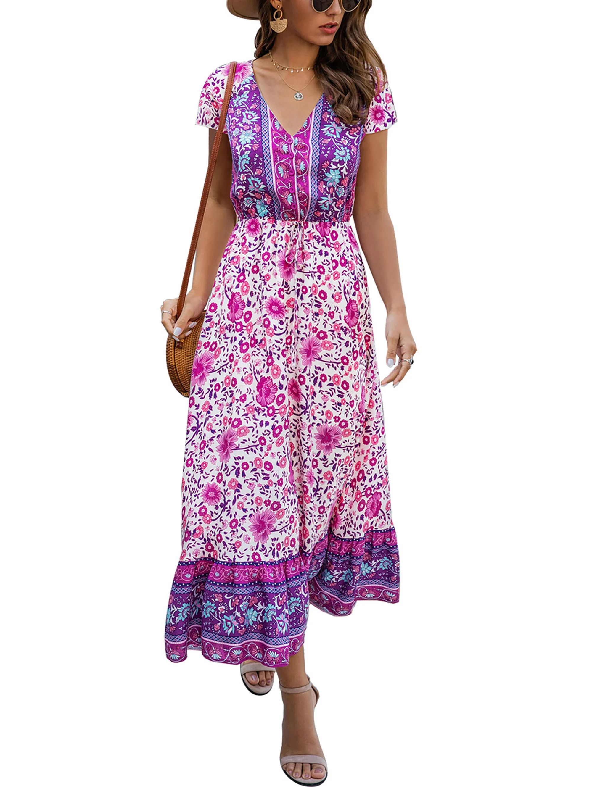 TEMOFON Women's Bohemian Maxi Dresses Summer Casual Short Sleeve V Neck Floral Print Dress Purple... | Walmart (US)