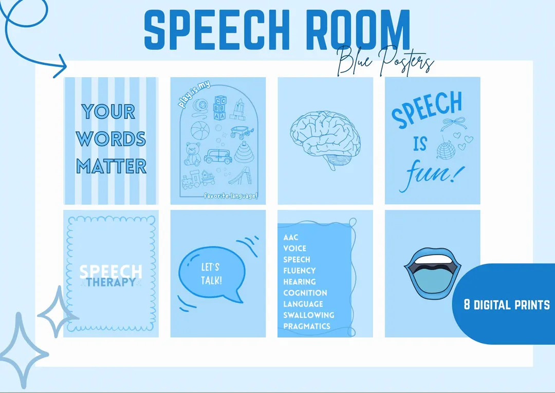 Speech Therapy Room Decor: Blue Poster Bundle | 8 Unique Speech Room Designs | Art Prints (PDF Do... | Etsy (US)