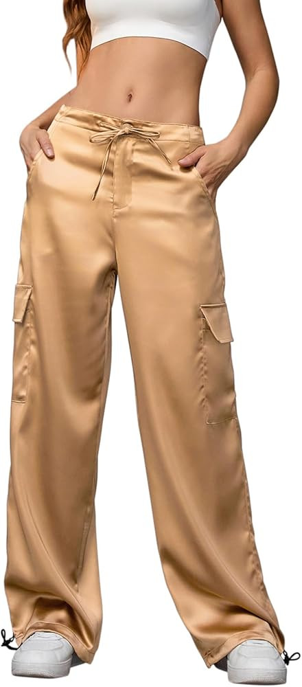 Perfashion Women Satin Pants Silk Wide Leg Trousers Low Rise Cargo Joggers Drawstring Going Out C... | Amazon (US)