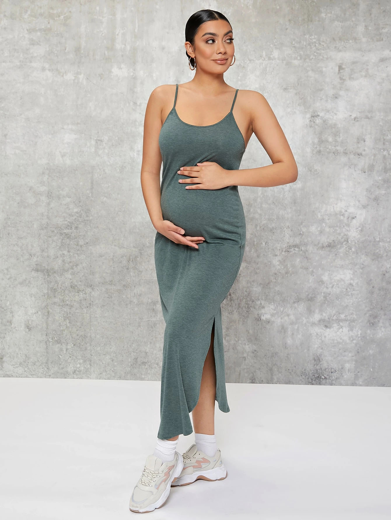 SHEIN BASICS Maternity Curved Hem Solid Slip Nightdress | SHEIN