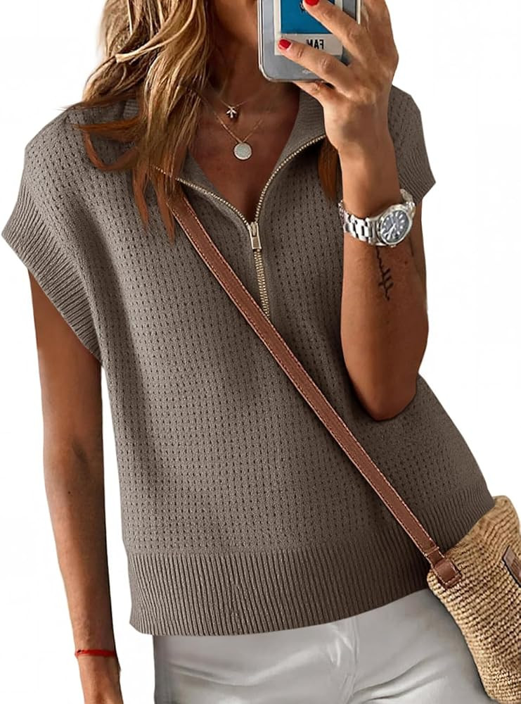 Langwyqu Womens Short Sleeve Cropped Knit Tops Half Zip Cap Sleeve Lightweight Oversized Sweater ... | Amazon (US)