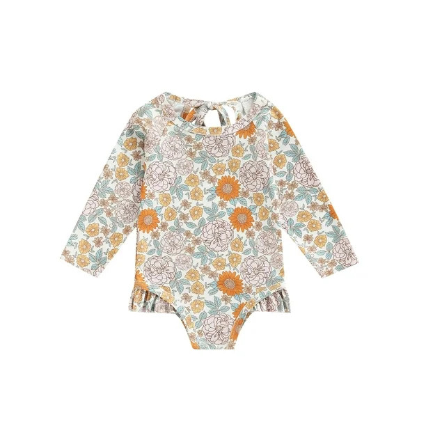 Toddler Baby Girls Rash Guard Shirts Swimsuit Floral Heart Print Long Sleeve Swimwear Bathing Sui... | Walmart (US)