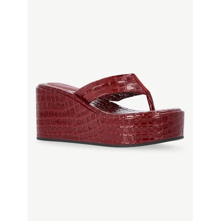 No Boundaries Embossed Faux Leather Platform Thong Sandals, Women's | Walmart (US)