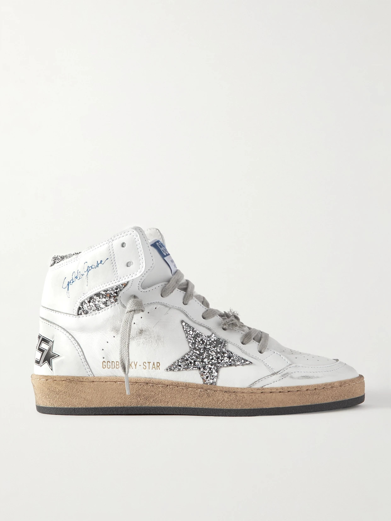 Golden Goose - Sky-star Distressed Glittered Leather High-top Sneakers - Off-white | NET-A-PORTER (US)