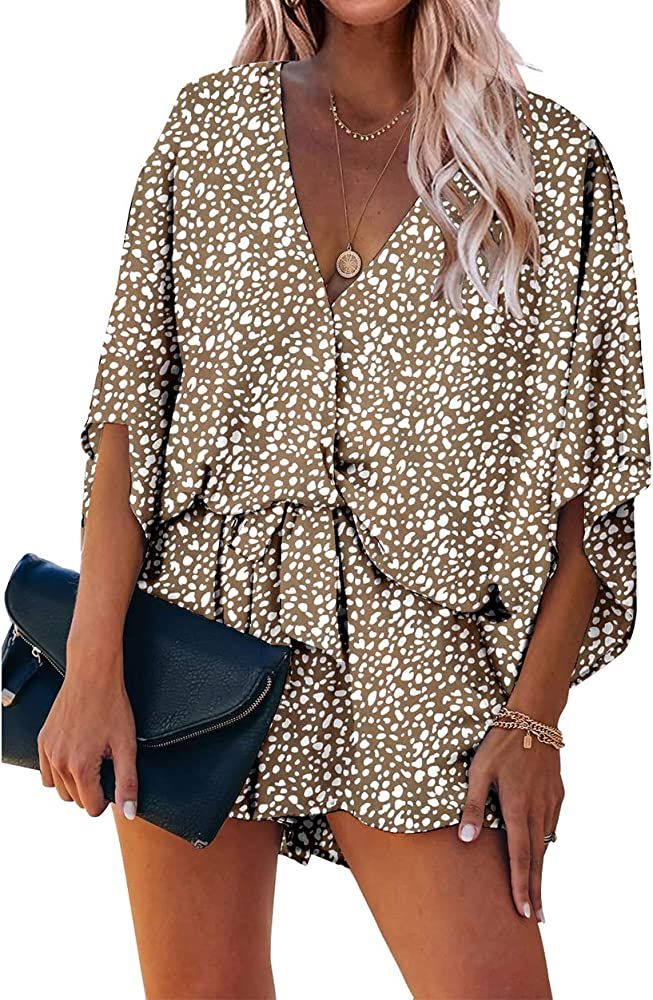 PRETTYGARDEN Women’s Fashion Leopard Print Shorts Jumpsuit Wrap V Neck 3/4 Short Sleeve Casual ... | Amazon (US)