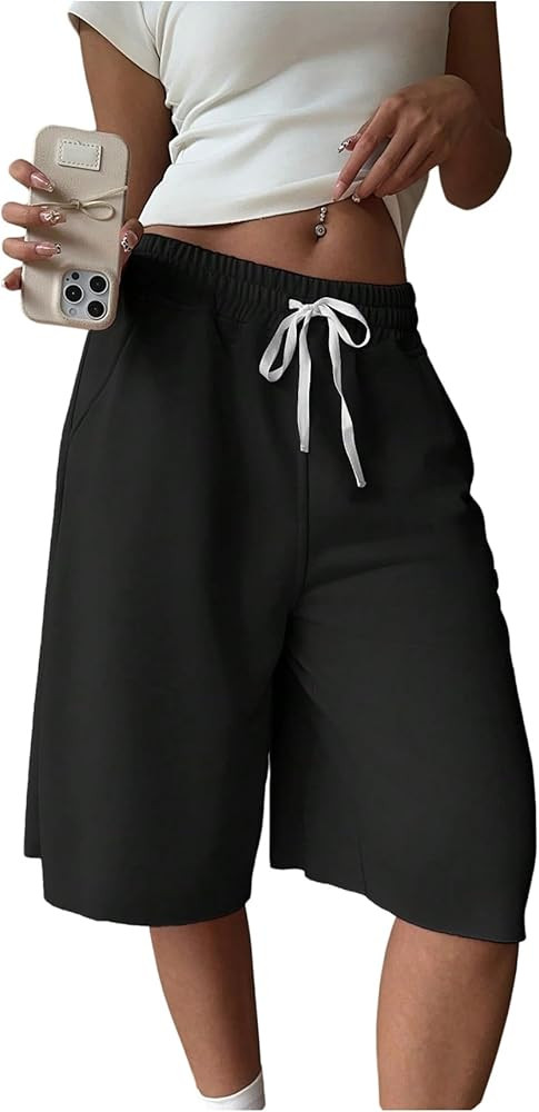 SHENHE Women's Wide Leg Sweat Shorts Drawstring Casual Lounge Sports Knee Length Bermuda Shorts | Amazon (US)