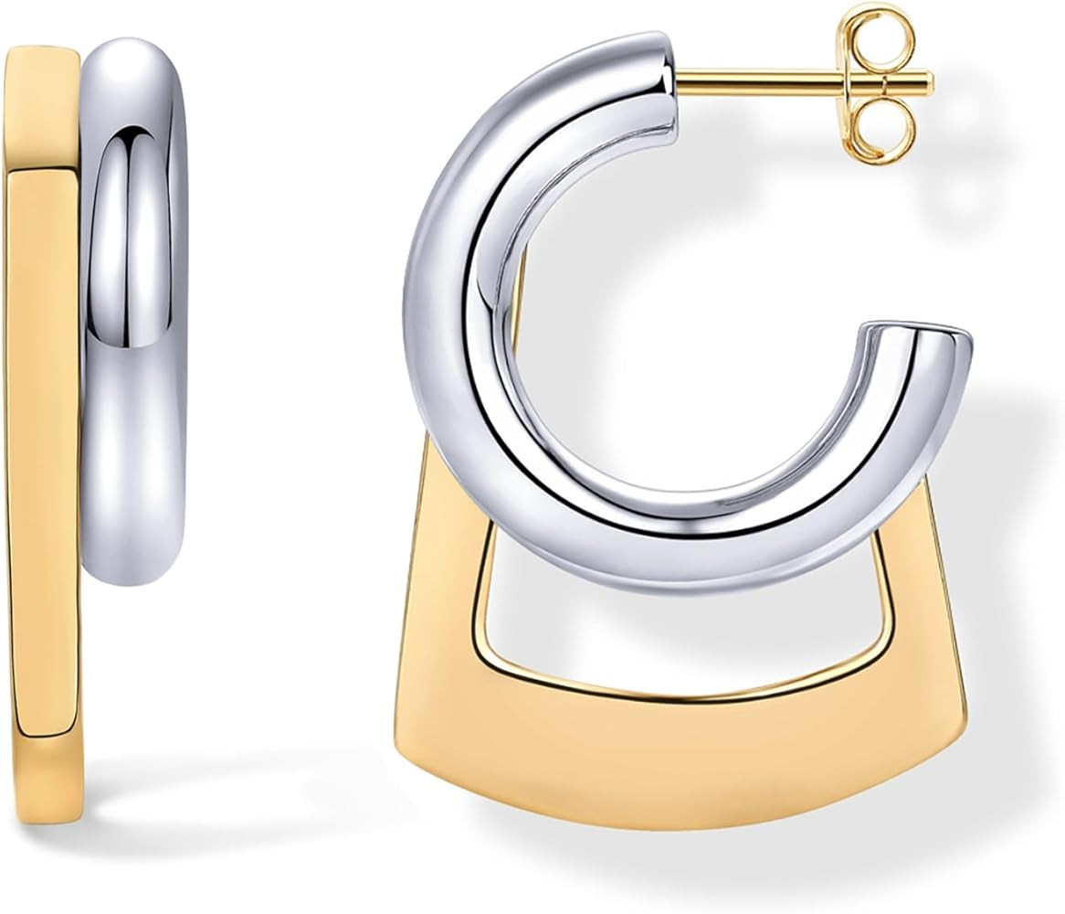 PAVOI 14K Gold Plated and Rhodium Plated Two Tone Multihoop Double Hoop Geometric Earrings for Wo... | Amazon (US)