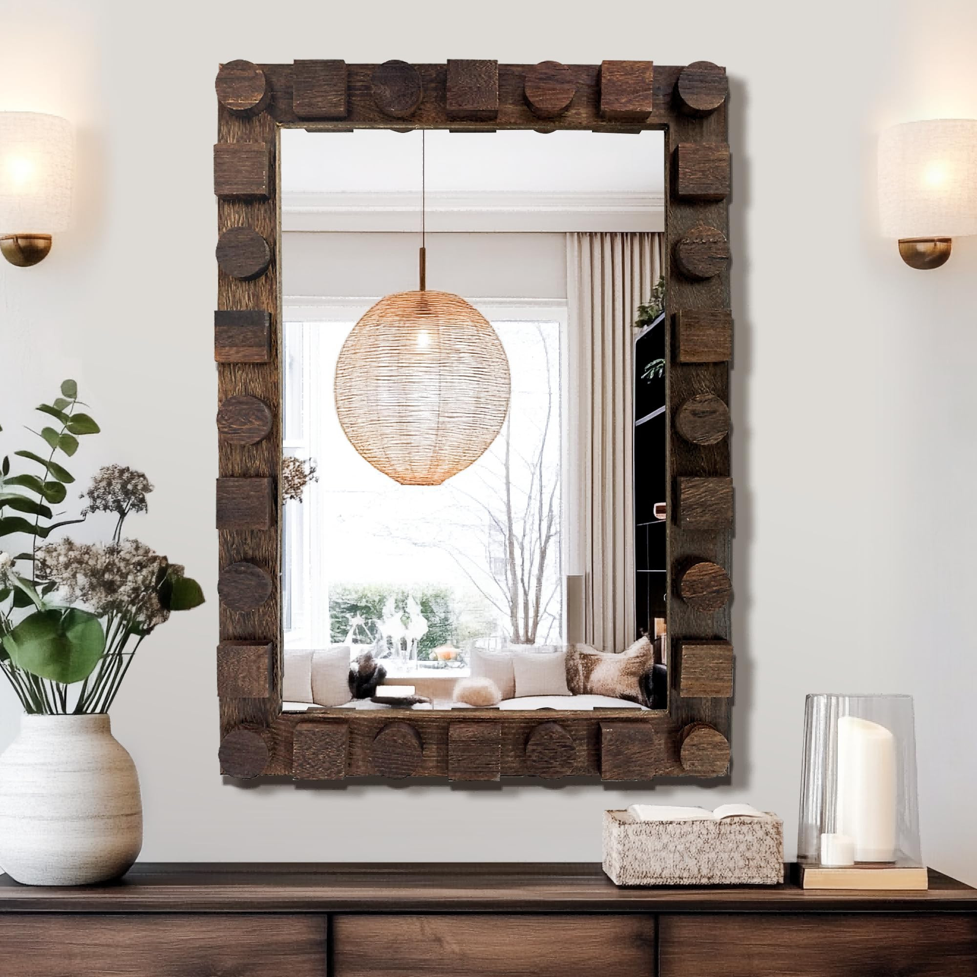 Wall Mirror with Rustic Wood Frame, 28"x20" Solid Wood Vanity Mirror for Bathroom, Bedroom, or Entryway, Vertical or Horizontal Mount | Amazon (US)