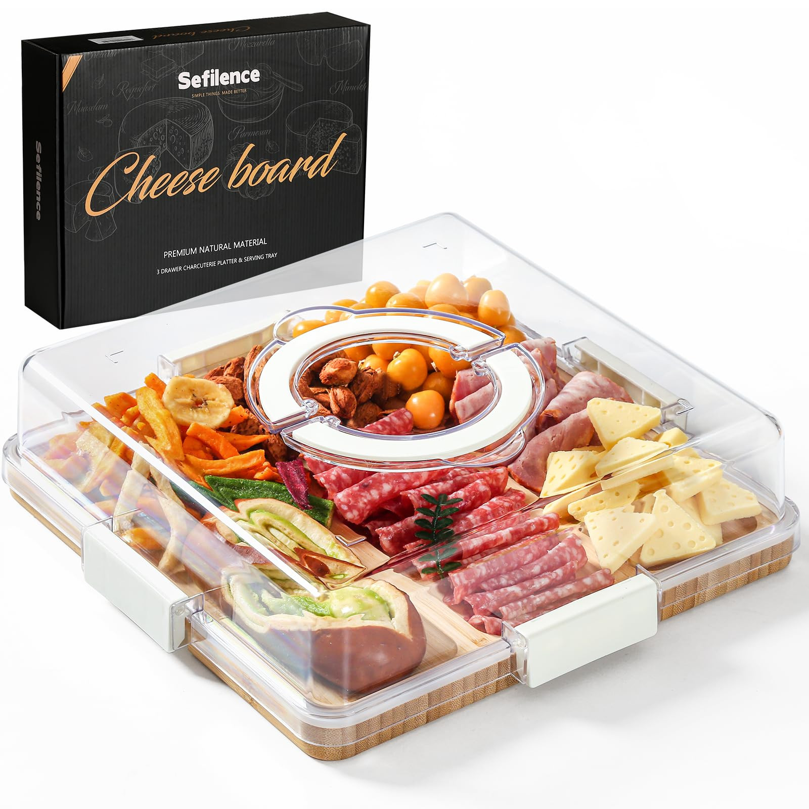 Charcuterie Board with Clear Locking Lid and Handle, 6 Compartment Bamboo Cheese Board Snackle Bo... | Amazon (US)