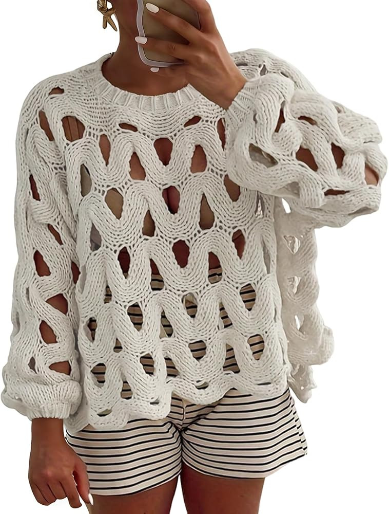 LETSVDO Women's Crochet Hollow Out Sweater Long Sleeve Crewneck Mesh Knit Pullover Tops Casual Be... | Amazon (US)