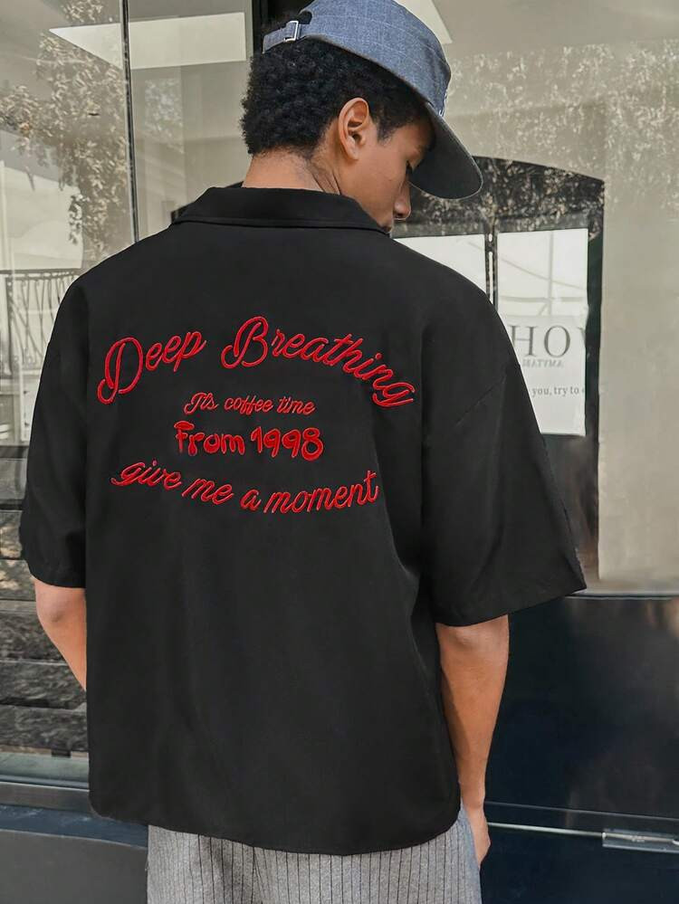 SWAVVY Men's Casual Fashion Street Collegiate Letter Embroidery Patchwork Dropped Shoulder Loose Black Short Sleeve Shirt, Summer | SHEIN