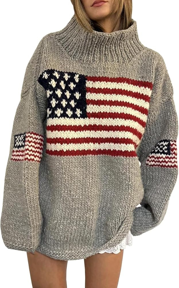Women's Oversized American Flag Sweater Long Sleeve Turtleneck Knit USA Sweaters Fall Chunky Warm... | Amazon (US)