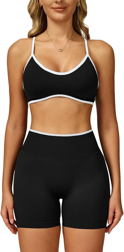 Two Piece Women Workout Sets Color Block Sports Bra and Scrunch Butt Lifting Shorts Gym Yoga Acti... | Amazon (US)