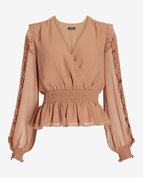 Solid Ruffle Wrap Front Peplum Top | Express