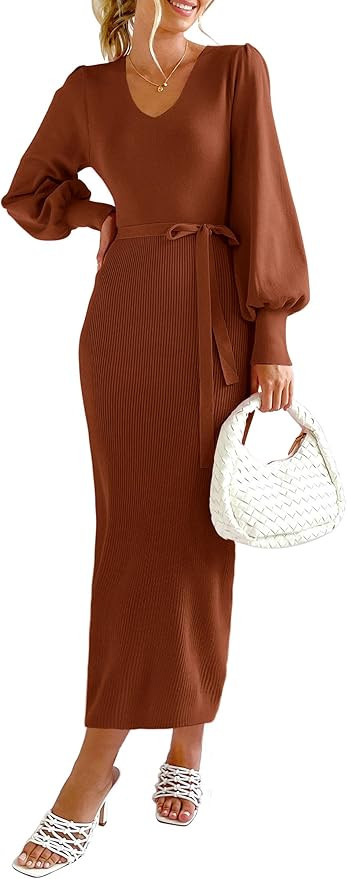 PRETTYGARDEN Women's 2024 Fall Knit Pullover Sweater Elegant Long Lantern Sleeve V Neck Maxi Dres... | Amazon (US)