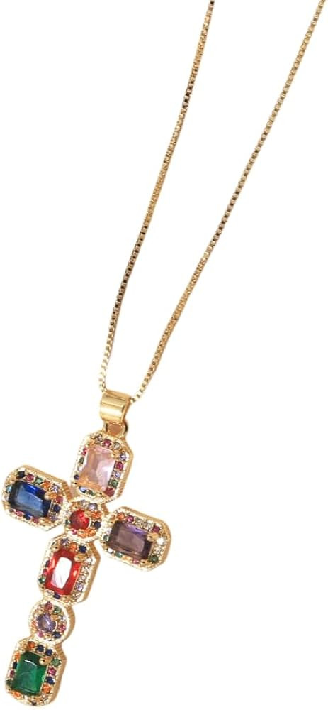 Large Cross Pendant Necklace, Set With Colored Crystal Stones, Gold-Colored Fashion Statement Jew... | Amazon (US)