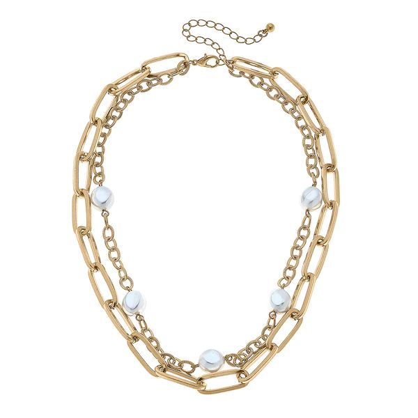 Perrie Layered Pearl & Chunky Chain Necklace in Worn Gold | CANVAS